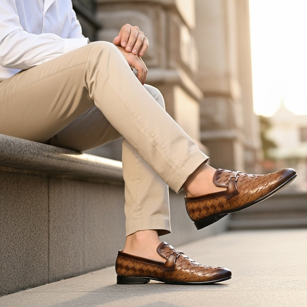 Woven Brown Leather Loafer | Premium Quality | All Season Shoe