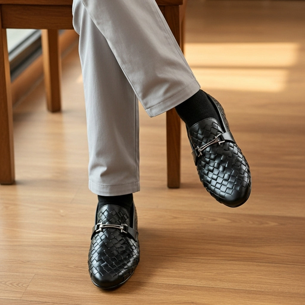 Woven Black Leather Loafer | Premium Quality | All Season Shoe