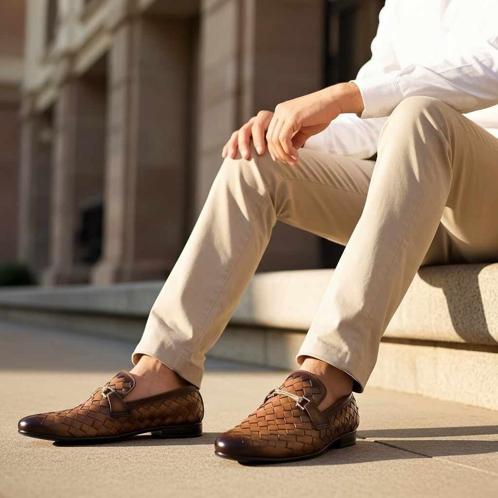 Woven Brown Leather Loafer | Premium Quality | All Season Shoe